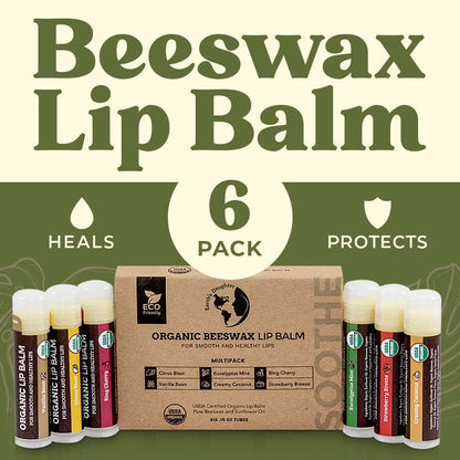 Earth's Daughter USDA Organic Lip Balm 6-Pack - Fruit Flavors, Beeswax, Coconut Oil, Vitamin E - Best Lip Repair - Maple Wellness Supplements