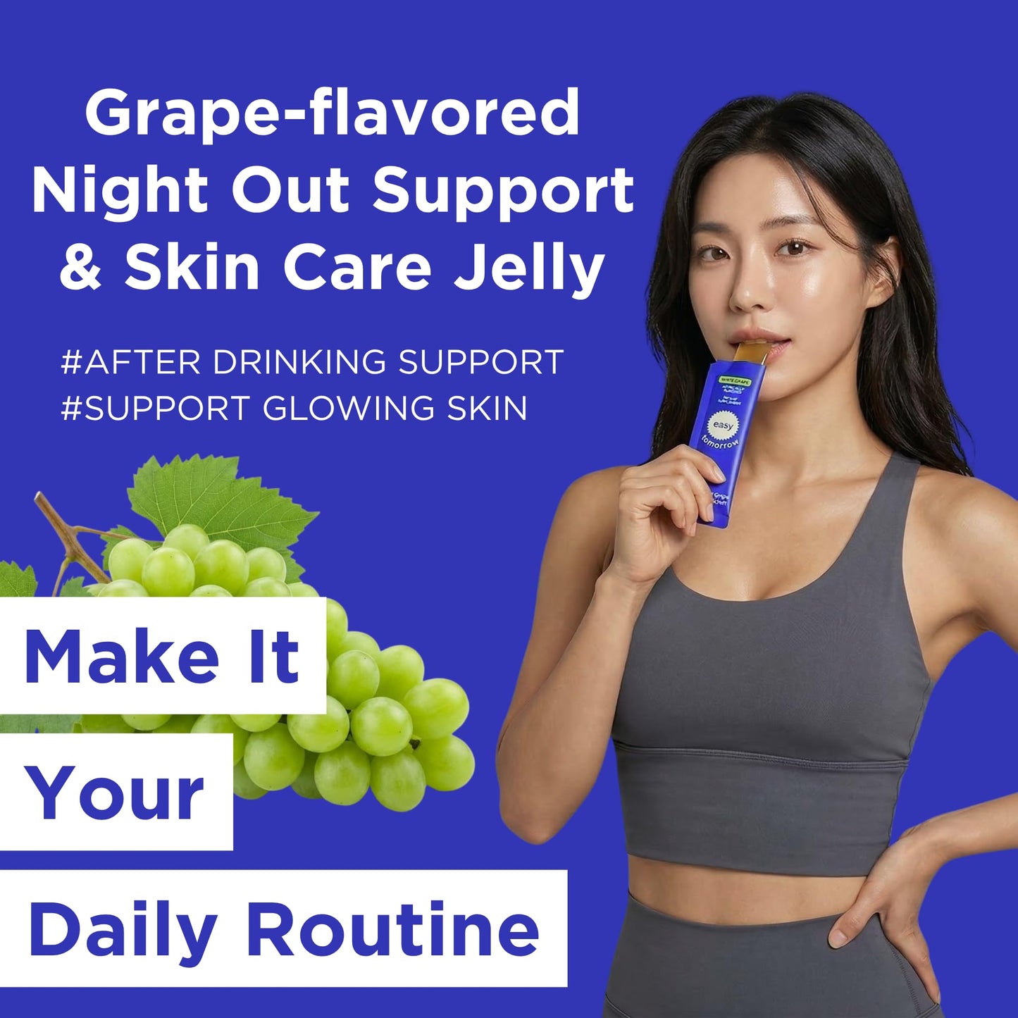 EASY TOMORROW - Natural Energy & Morning Vitality Jelly Stick - Daily Korean Skin Health Supplement & After Drinking Support with DHM & Glutathione - K-Beauty Inspired (White Grape Flavor, 20 Sticks) - Maple Wellness Supplements