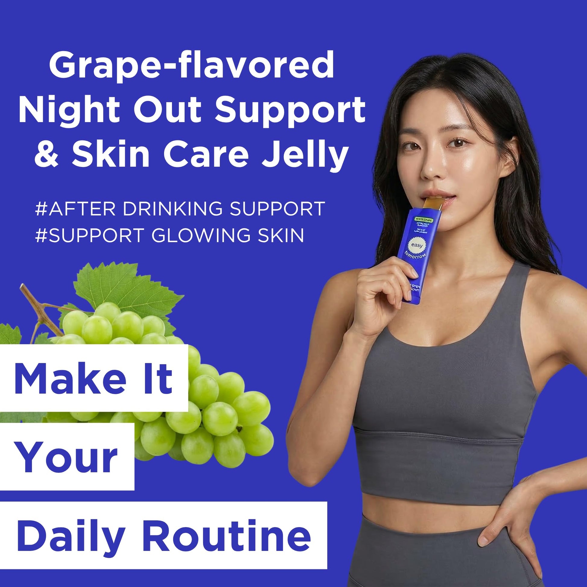 EASY TOMORROW - Natural Energy & Morning Vitality Jelly Stick - Daily Korean Skin Health Supplement & After Drinking Support with DHM & Glutathione - K-Beauty Inspired (White Grape Flavor, 20 Sticks) - Maple Wellness Supplements