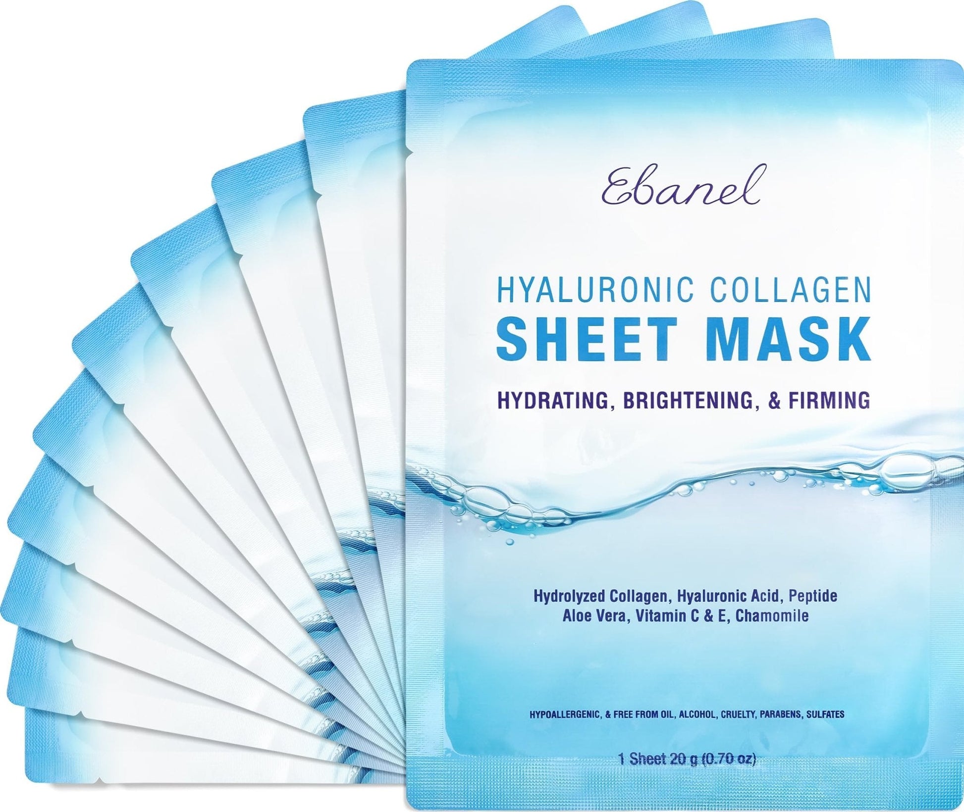 Ebanel 10 Pack Collagen Face Mask with Hyaluronic Acid, Vitamin C, Peptide, Aloe, Instant Brightening Hydrating Face Masks Skincare Korean Sheet Mask, Skin Firming, Lifting Anti Aging Facial Masks - Maple Wellness Supplements