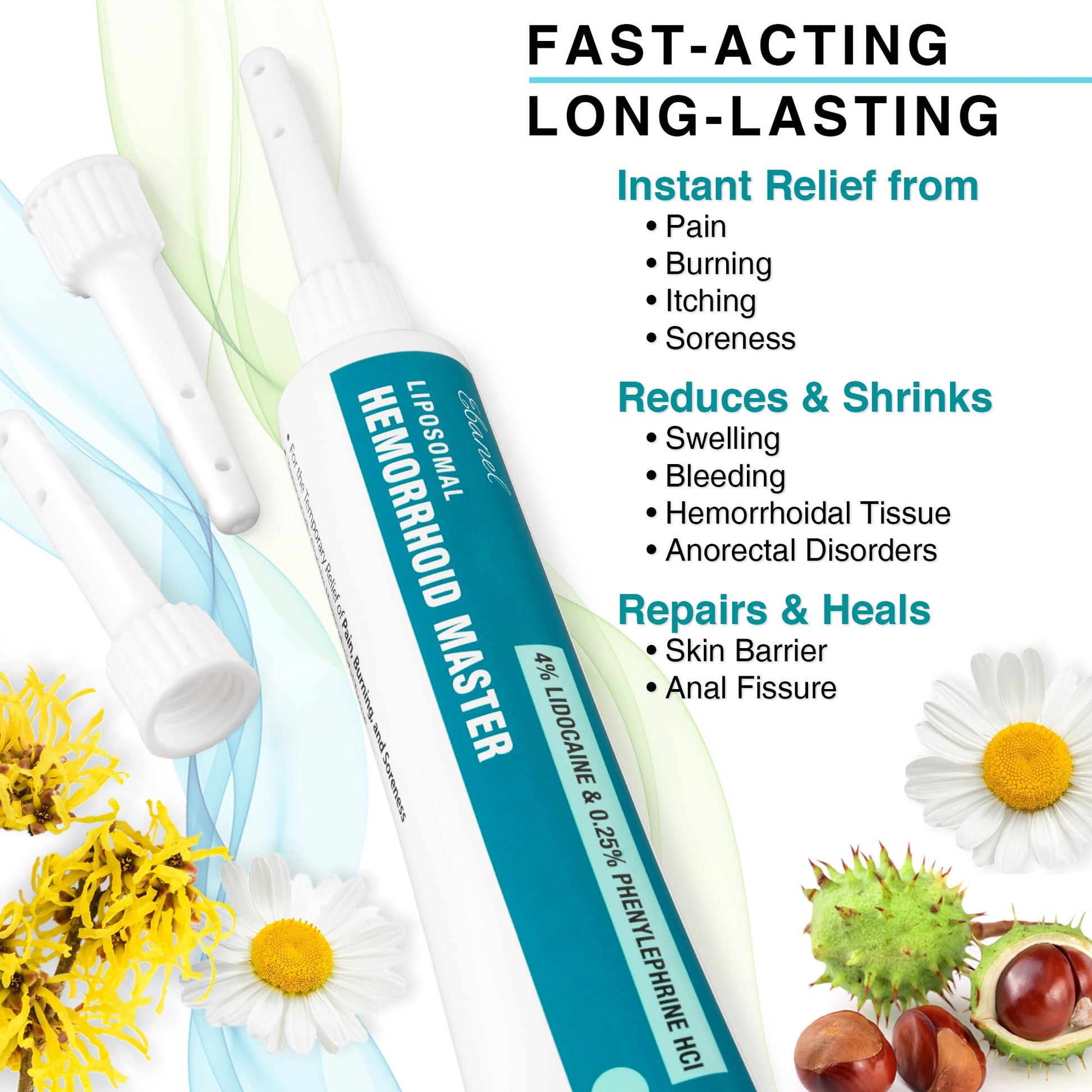 Ebanel 4% Lidocaine Hemorrhoid Treatment Ointment with Phenylephrine, Witch Hazel, Vitamin B6, Zinc Oxide, Frankincense, External and Internal Hemorrhoids Treatment Burn Itch Pain Relief Anal Cream - Maple Wellness Supplements