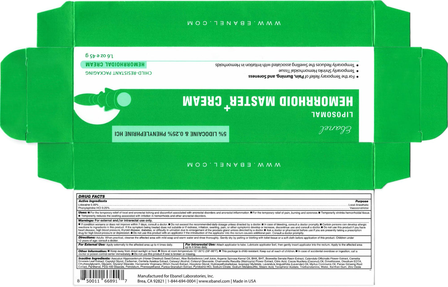 Ebanel 5% Lidocaine Hemorrhoid Treatment Cream with Witch Hazel, Phenylephrine, Horse Chestnut, Vitamin B6, Zinc Oxide, External and Internal Hemorrhoids Treatment Burn Itch Pain Relief Anal Cream - Maple Wellness Supplements