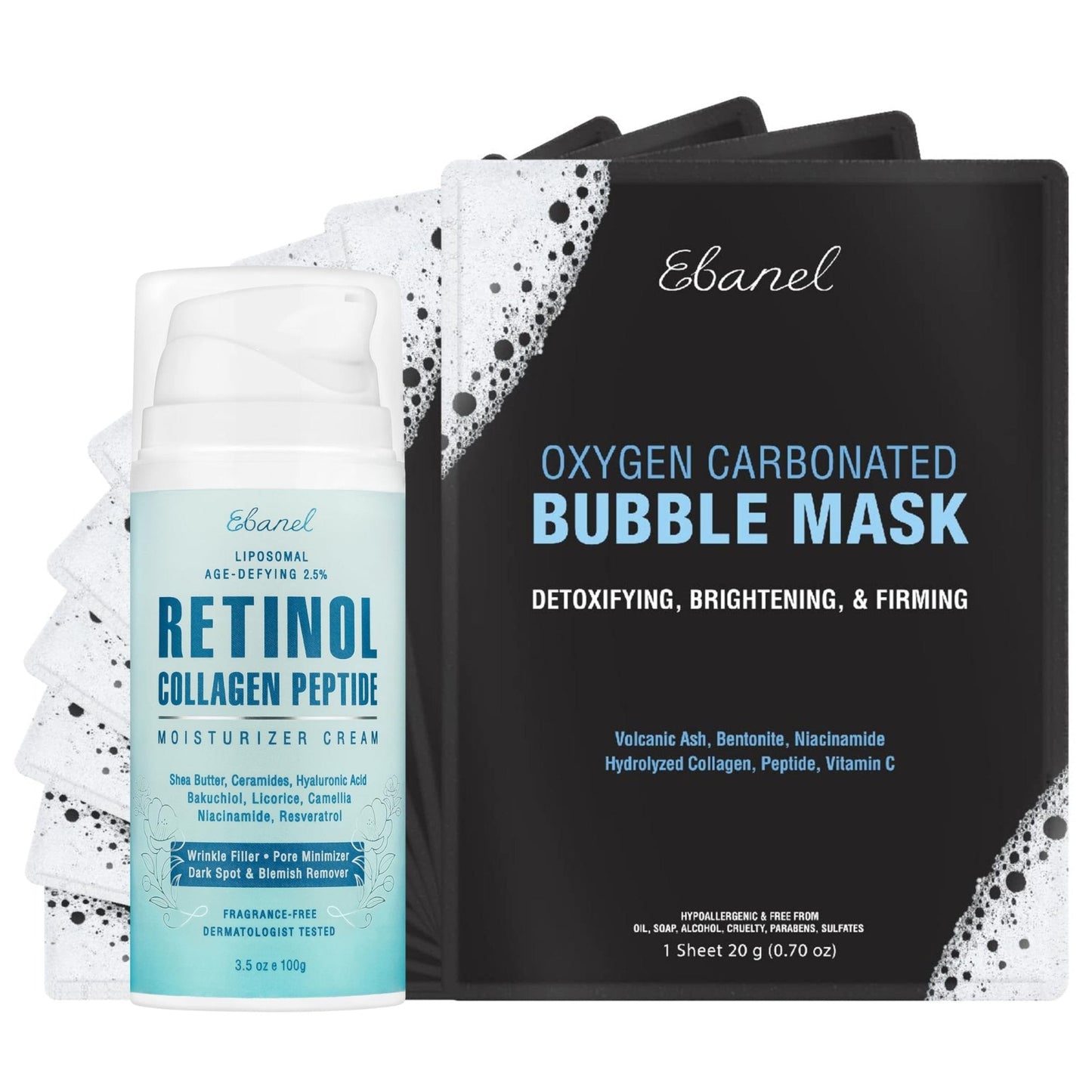 Ebanel Bundle of 10 Pack Bubble Clay Masks, and 2.5% Retinol Moisturizer - Maple Wellness Supplements