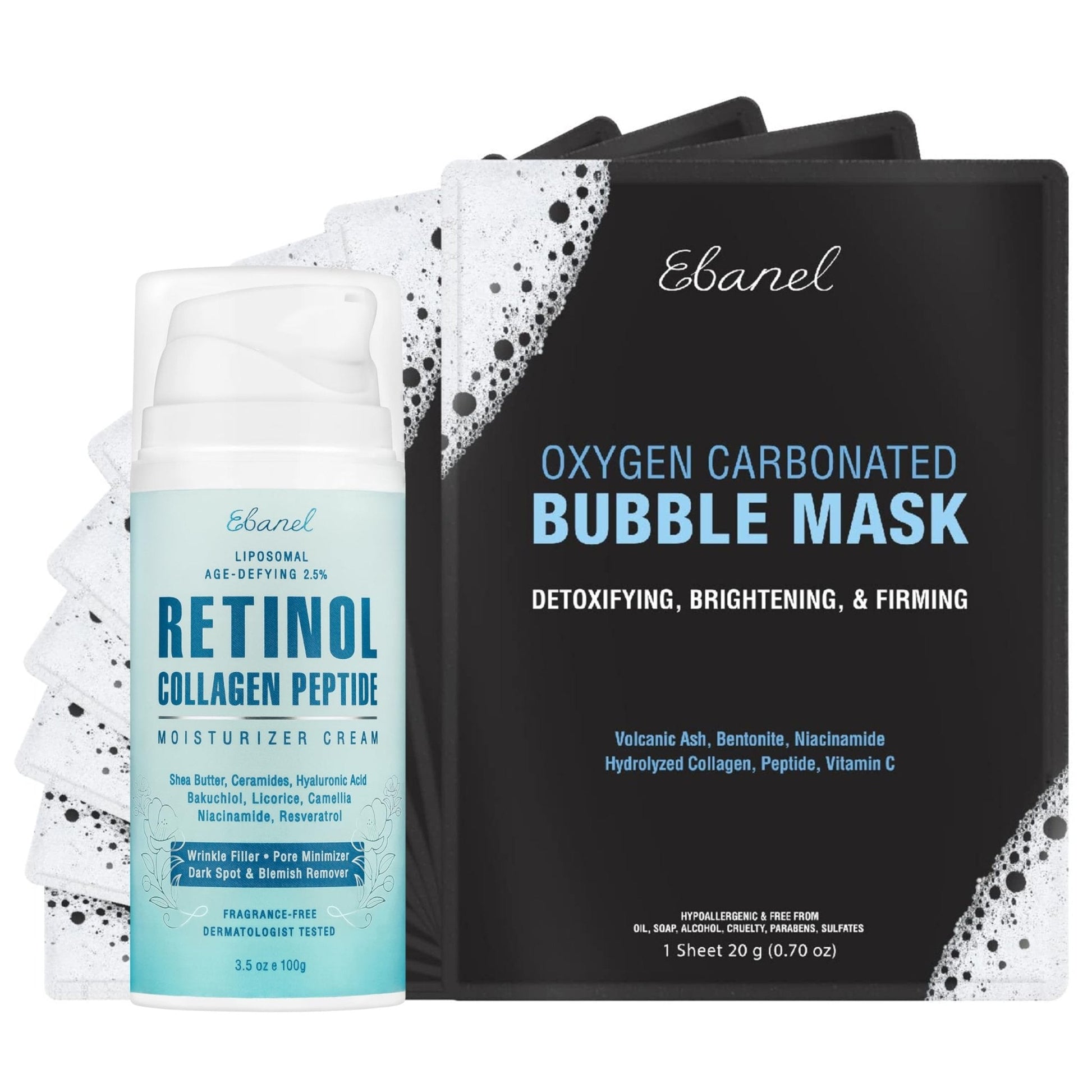 Ebanel Bundle of 10 Pack Bubble Clay Masks, and 2.5% Retinol Moisturizer - Maple Wellness Supplements