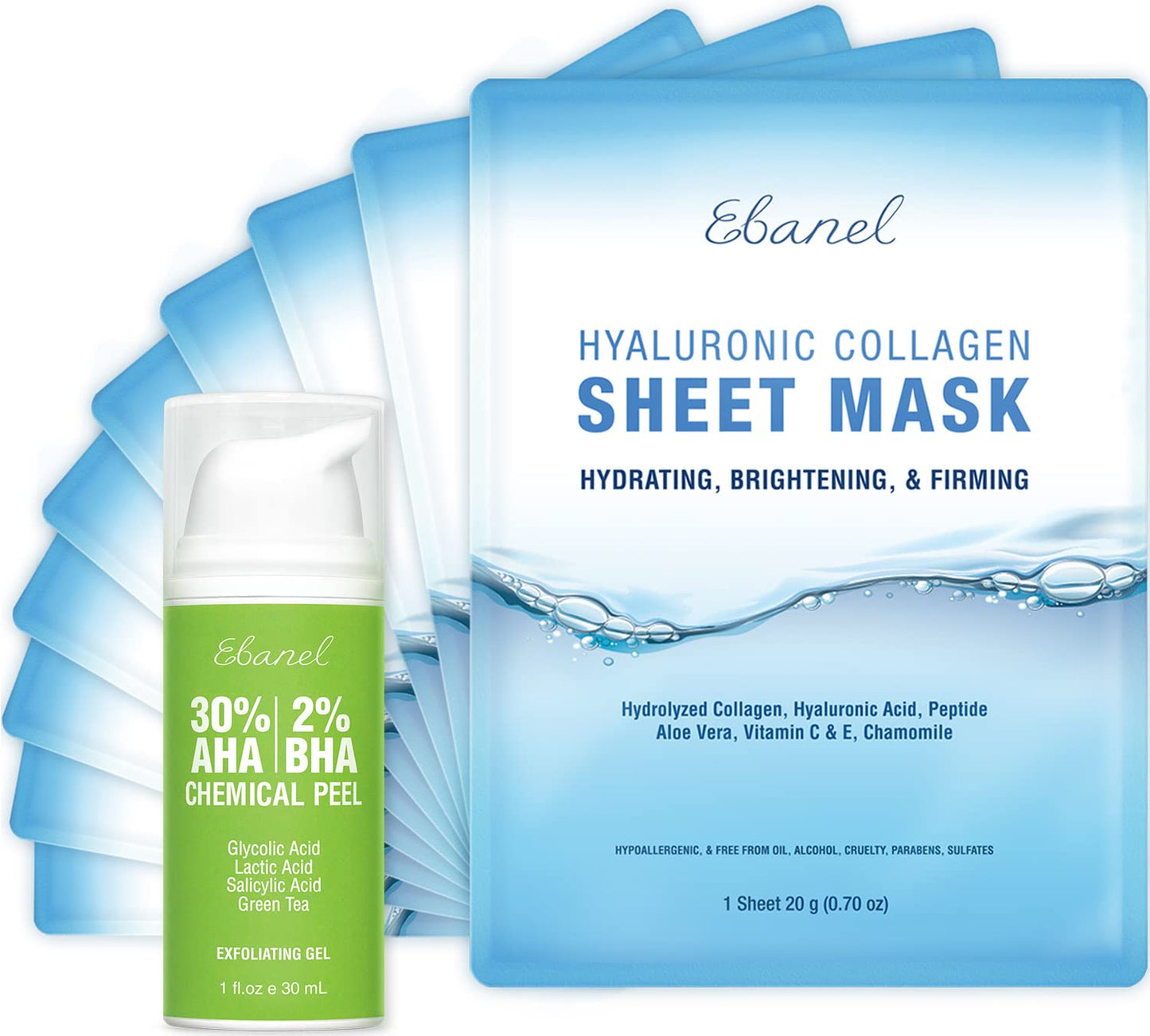 Ebanel Bundle of 30% AHA 2% BHA Chemical Peel and 10 Pack Collagen Face Mask - Maple Wellness Supplements