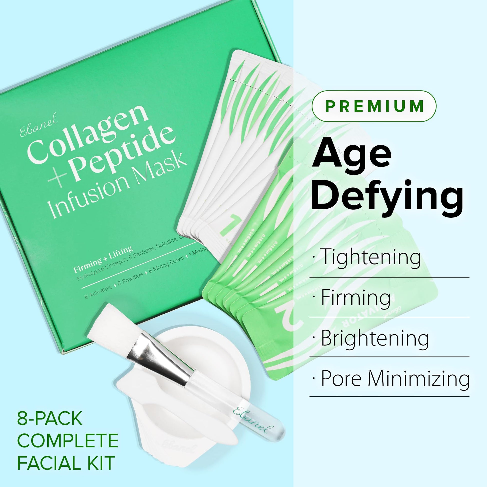 Ebanel Collagen Peptides Wash-Off Face Mask Set, 8 Pack Instant Skin Tightening and Lifting Masks, Brightening Face Mask with Niacinamide, Glutathione, Hyaluronic Acid, Vitamin C, Cica, B5, Albumen - Maple Wellness Supplements
