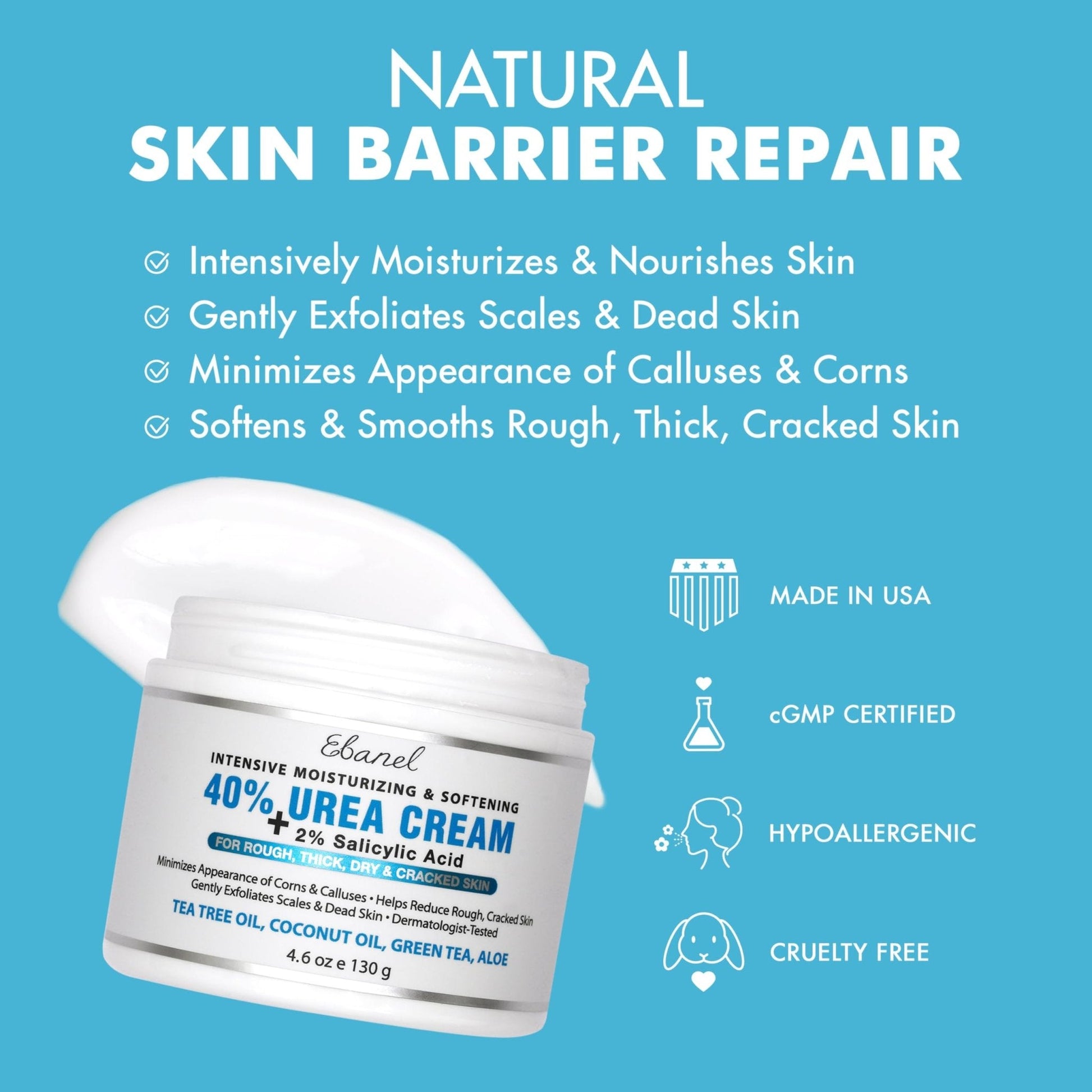 Ebanel Urea Cream 40% plus Salicylic Acid 2%, Foot Cream for Dry Cracked Heels Feet Knees Elbows Hands, Foot Dead Skin Cuticle Callus Remover Toenail Softener, Keratolytic Skin Barrier Repair - Maple Wellness Supplements