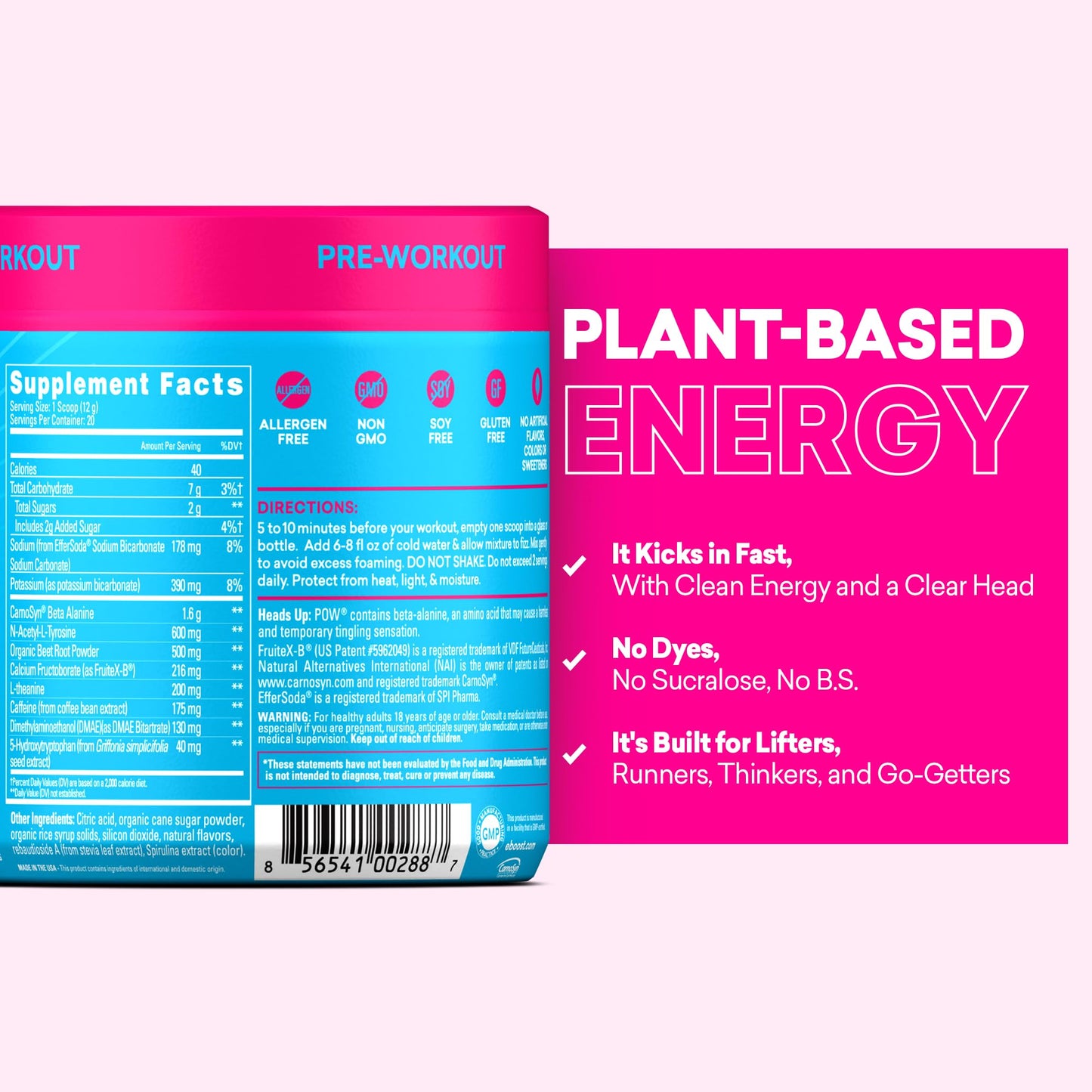 EBOOST POW Natural Pre Workout Powder – 20 Servings - Blue Raspberry - A PreWorkout Supplement for Performance, Joint Mobility Support, Energy - Men and Women - Maple Wellness Supplements