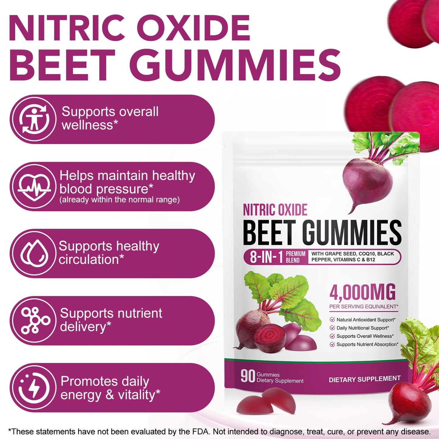 ECHTEYUN Super Beetroot Gummies, 8 in 1 Beet Root 4,000mg with Grape Seed Extract & CoQ10, Sugar Free - 90 Count (1) - Maple Wellness Supplements