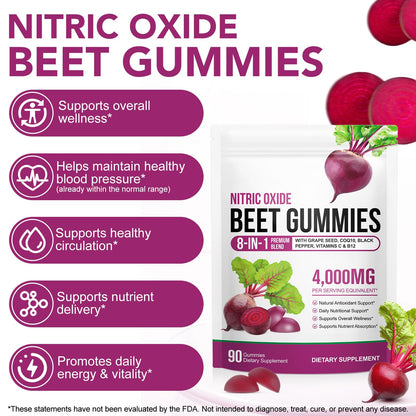 ECHTEYUN Super Beetroot Gummies, 8 in 1 Beet Root 4,000mg with Grape Seed Extract & CoQ10, Sugar Free - 90 Count (1) - Maple Wellness Supplements