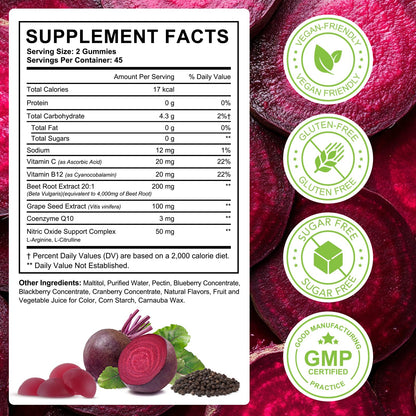 ECHTEYUN Super Beetroot Gummies, 8 in 1 Beet Root 4,000mg with Grape Seed Extract & CoQ10, Sugar Free - 90 Count (1) - Maple Wellness Supplements