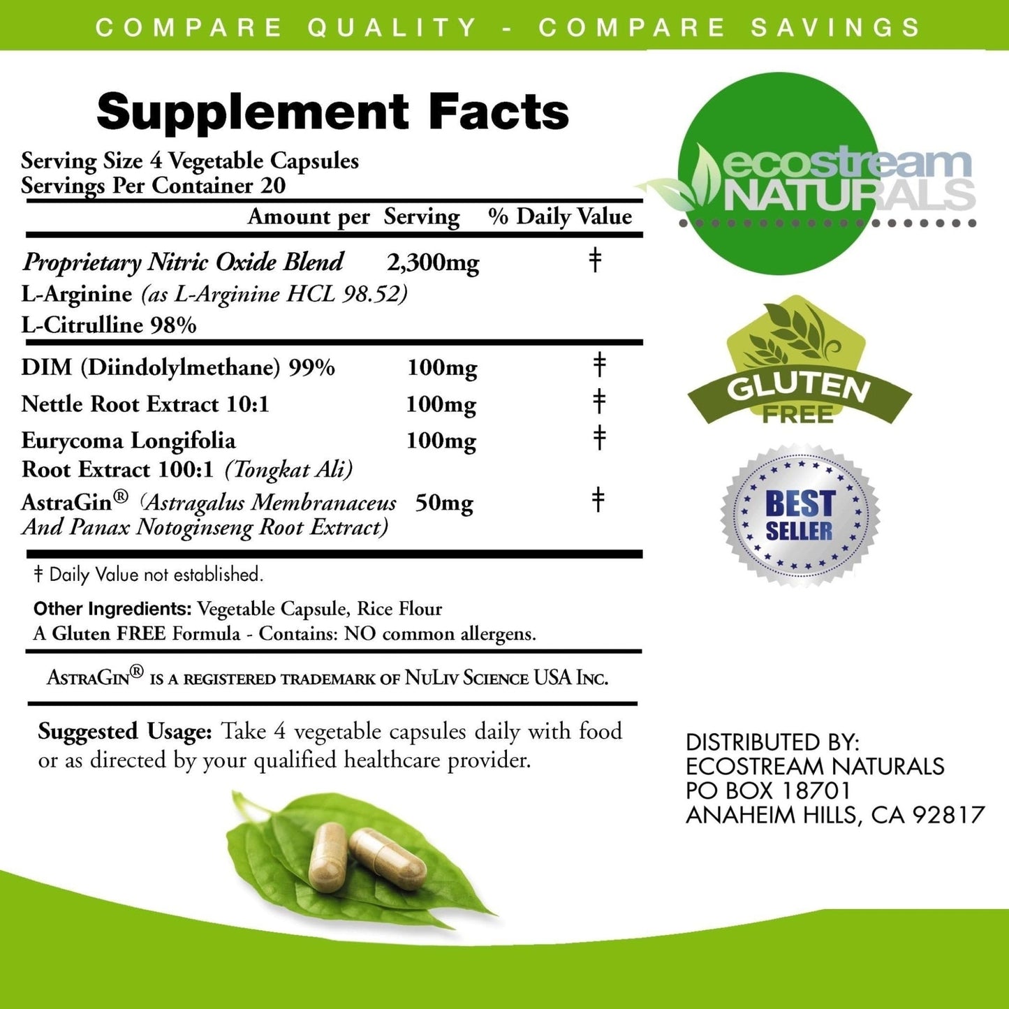 ecostream Naturals MAX 2650mg Nitric Oxide Booster L-Arginine - L-Citruline and Astragin - Time Release 2650 MAX Formula - Maple Wellness Supplements
