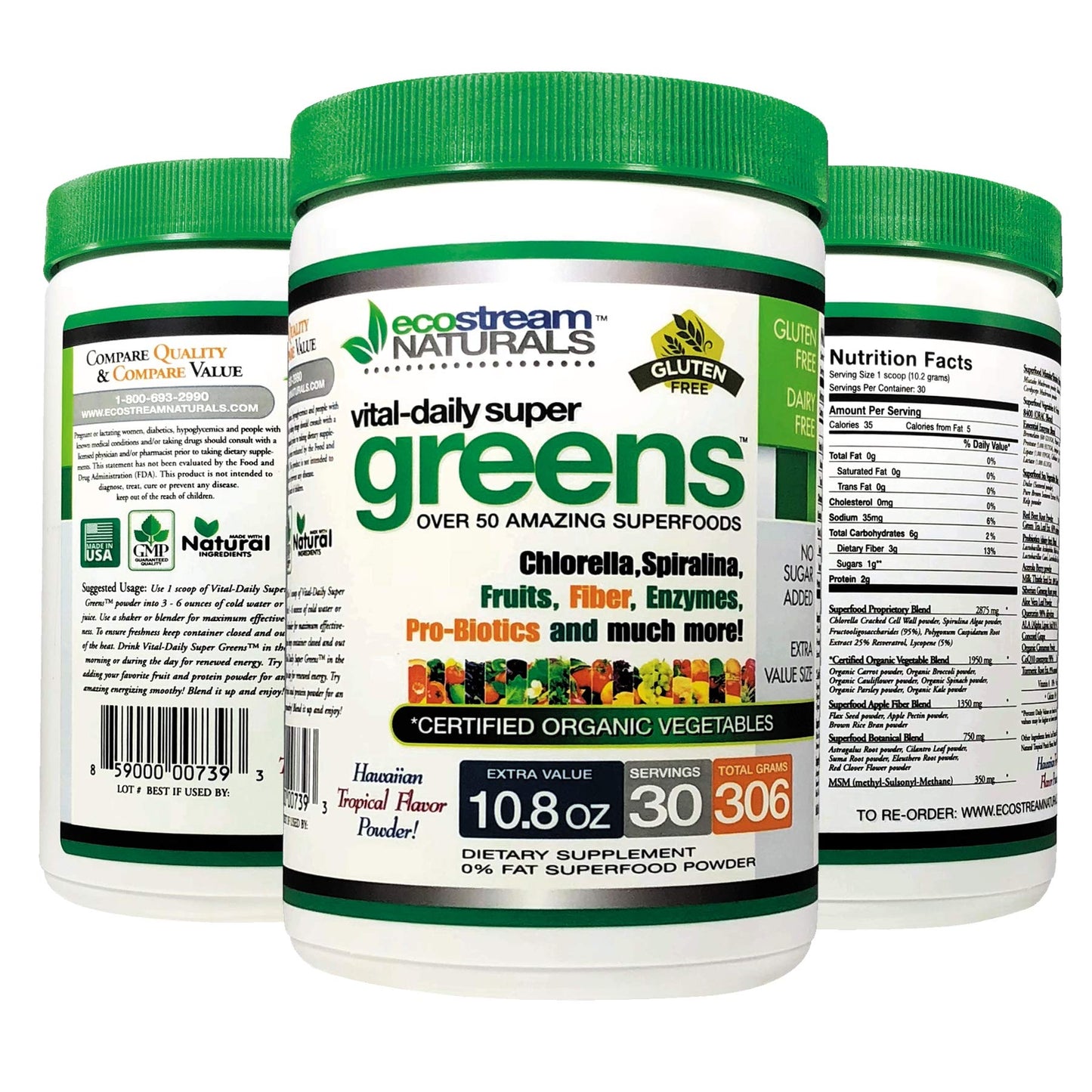ecostream Naturals Vital First Daily Greens Superfood Powder 50 Whole Super Foods with Spirulina, Chlorella, Flax Seed, Fiber and Enzymes with Organic Greens - 30 Servings - Maple Wellness Supplements