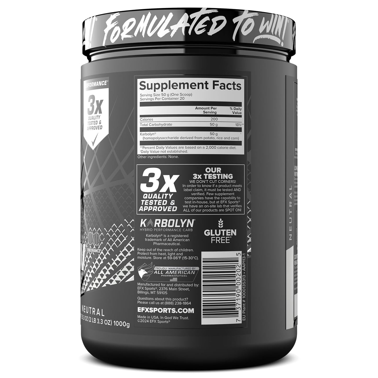 EFX Sports Karbolyn Fuel | Fast-Absorbing Carbohydrate Powder | Carb Load, Sustained Energy, Quick Recovery | Stimulant Free | 20 Servings (Neutral) - Maple Wellness Supplements