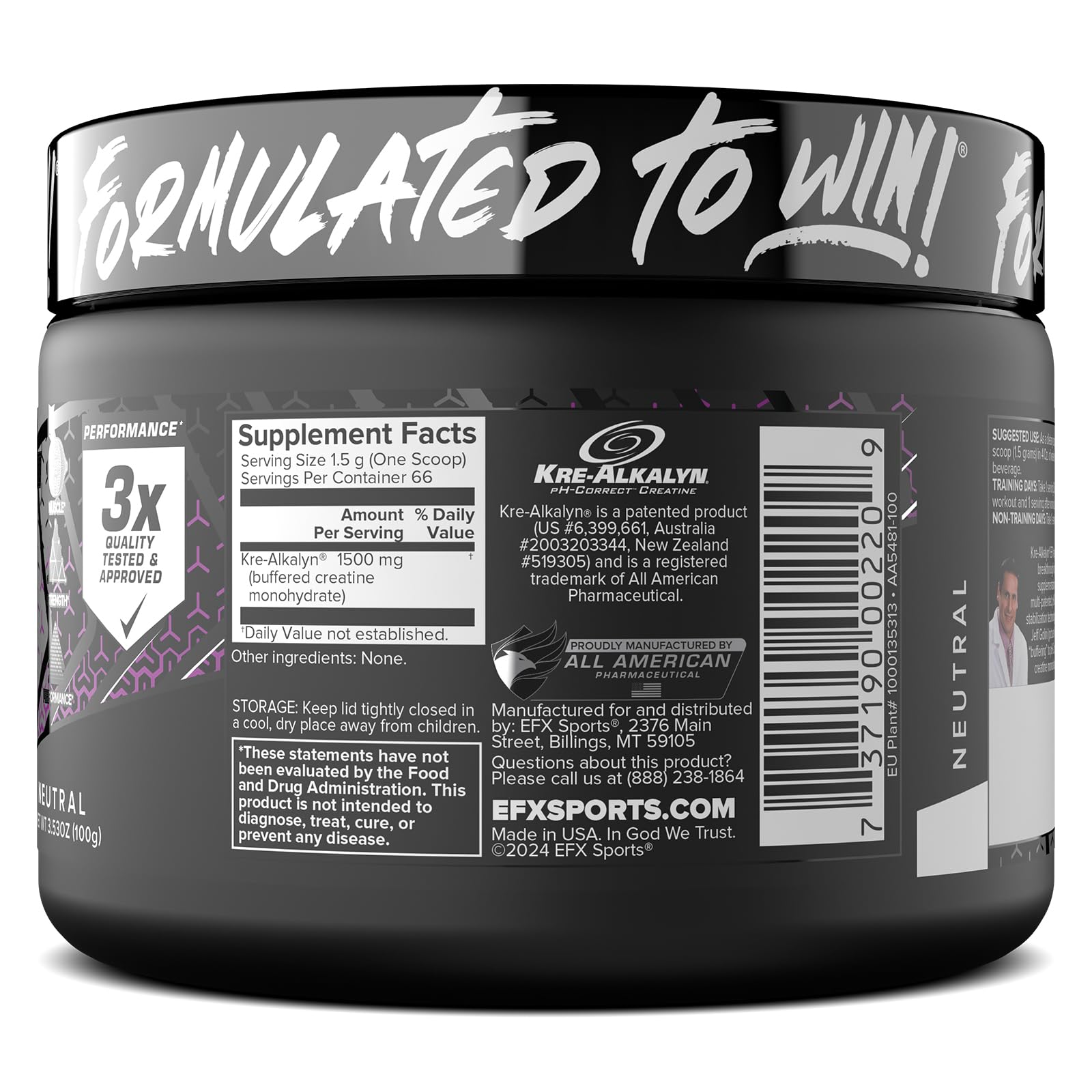 EFX Sports Kre-Alkalyn EFX Powder | pH Correct Creatine Monohydrate Powder Supplement | Strength, Muscle Growth & Performance | 66 Servings (Unflavored) - Maple Wellness Supplements