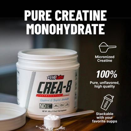 EHP Labs CREA-8 Micronized Creatine Monohydrate Powder - Unflavored Creatine Powder for Muscle Growth, Increased Strength, Enhanced Energy Output - Maple Wellness Supplements