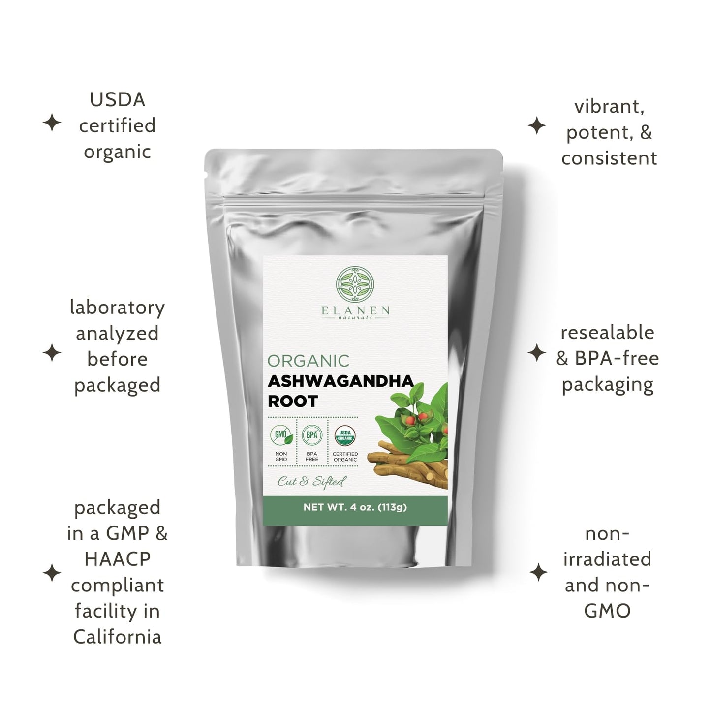 Elanen Naturals Organic Ashwagandha Root 4 oz. (113g), USDA Certified Organic Ashwagandha Root Loose Leaf Tea, Dried Withania somnifera, Cut & Sifted - Maple Wellness Supplements