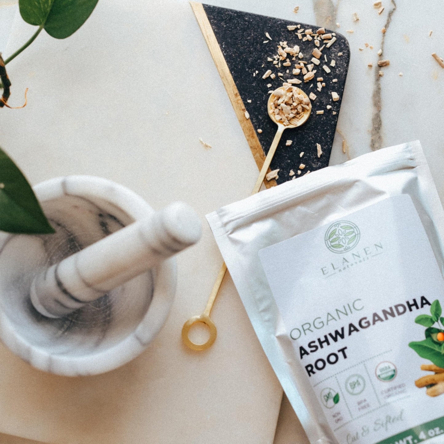 Elanen Naturals Organic Ashwagandha Root 4 oz. (113g), USDA Certified Organic Ashwagandha Root Loose Leaf Tea, Dried Withania somnifera, Cut & Sifted - Maple Wellness Supplements