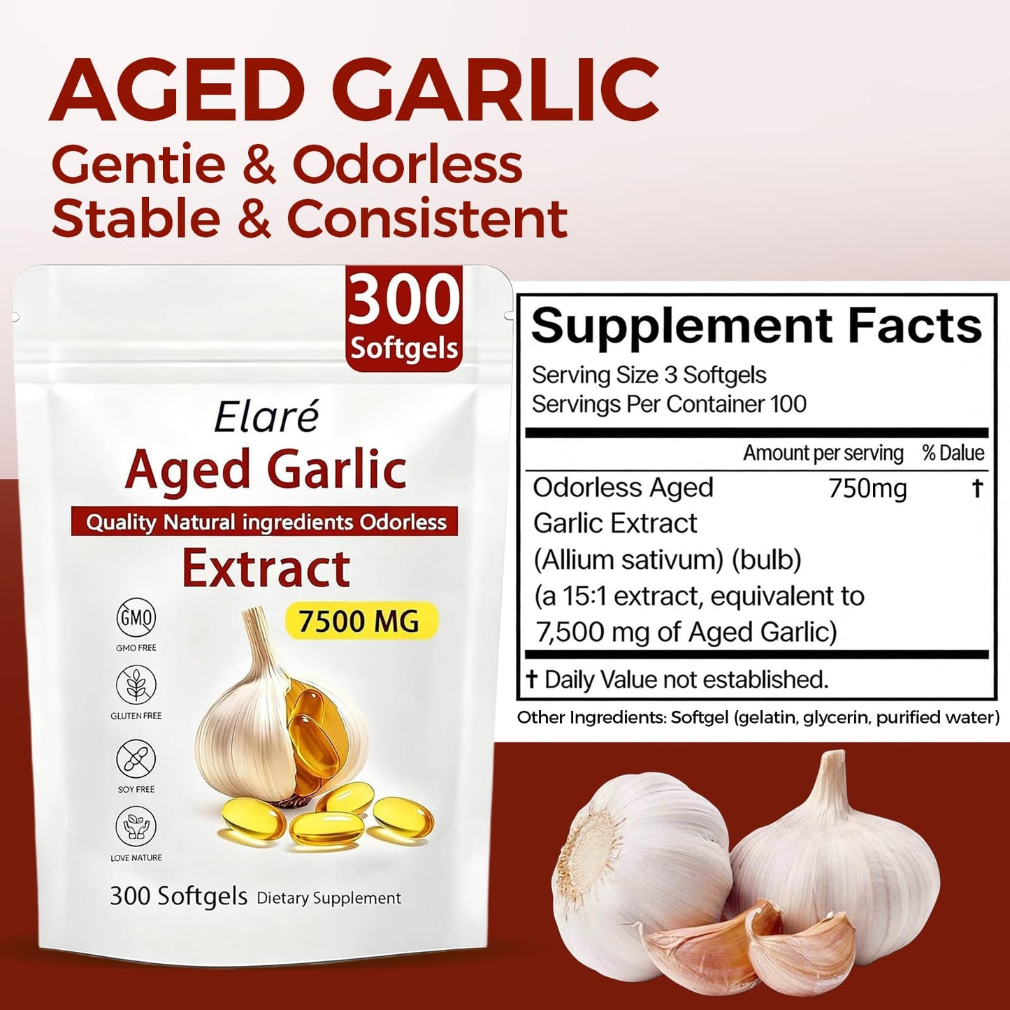ELARE Aged Garlic Extract Capsules, Odorless Garlic 15:1 Extract Formula - 600 Count, Garlic Supplement, 2-Year Matured - Maple Wellness Supplements