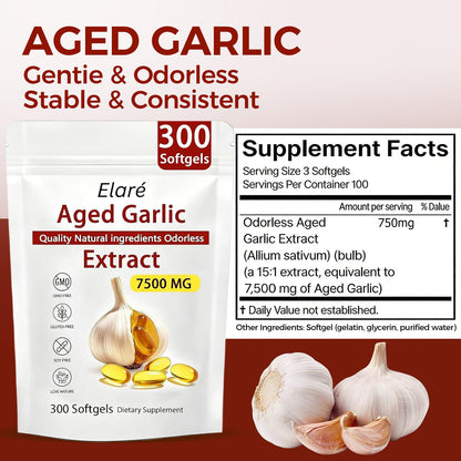 ELARE Aged Garlic Extract Capsules, Odorless Garlic 15:1 Extract Formula - 600 Count, Garlic Supplement, 2-Year Matured - Maple Wellness Supplements