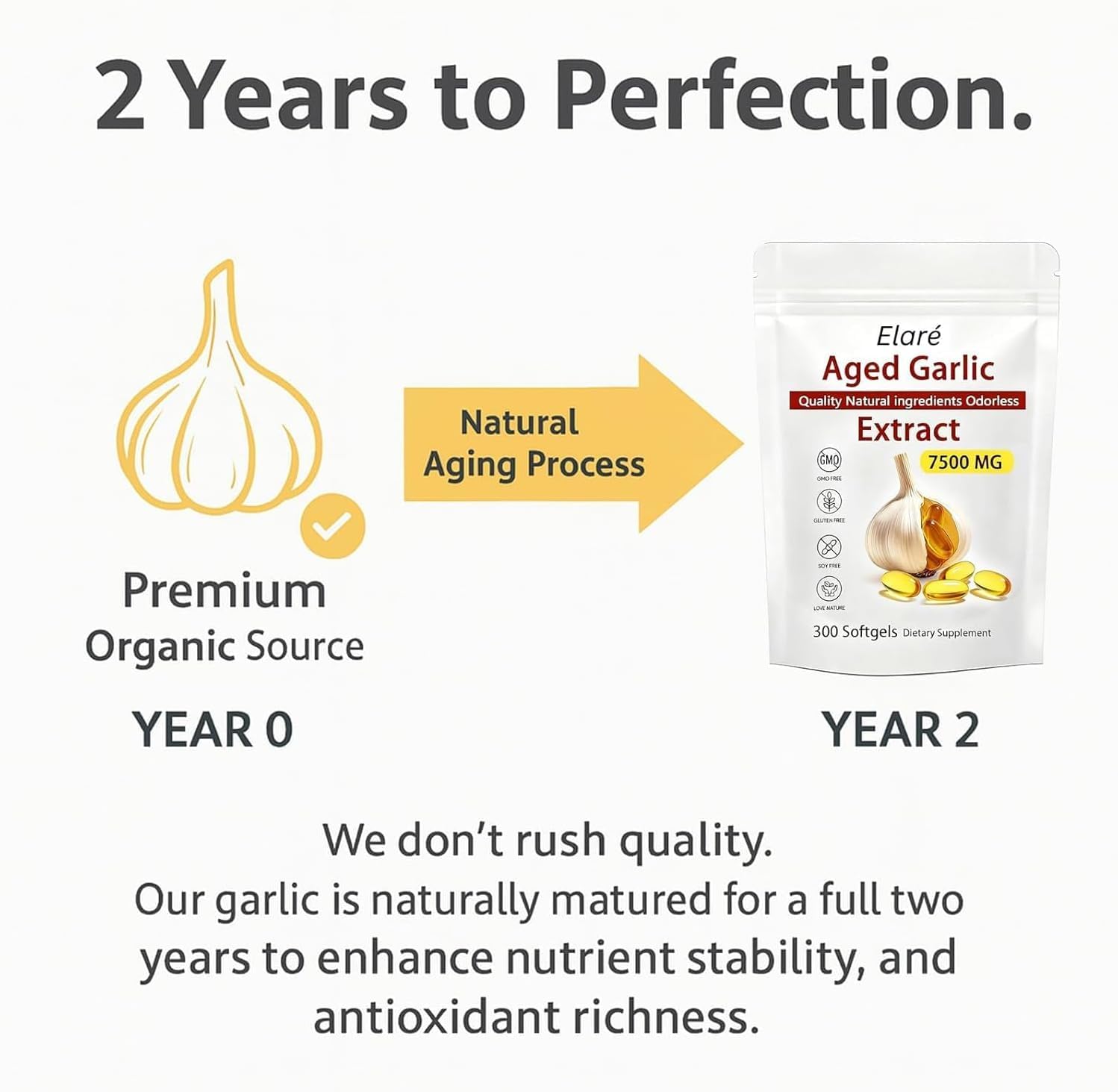 ELARE Aged Garlic Extract Capsules, Odorless Garlic 15:1 Extract Formula - 600 Count, Garlic Supplement, 2-Year Matured - Maple Wellness Supplements