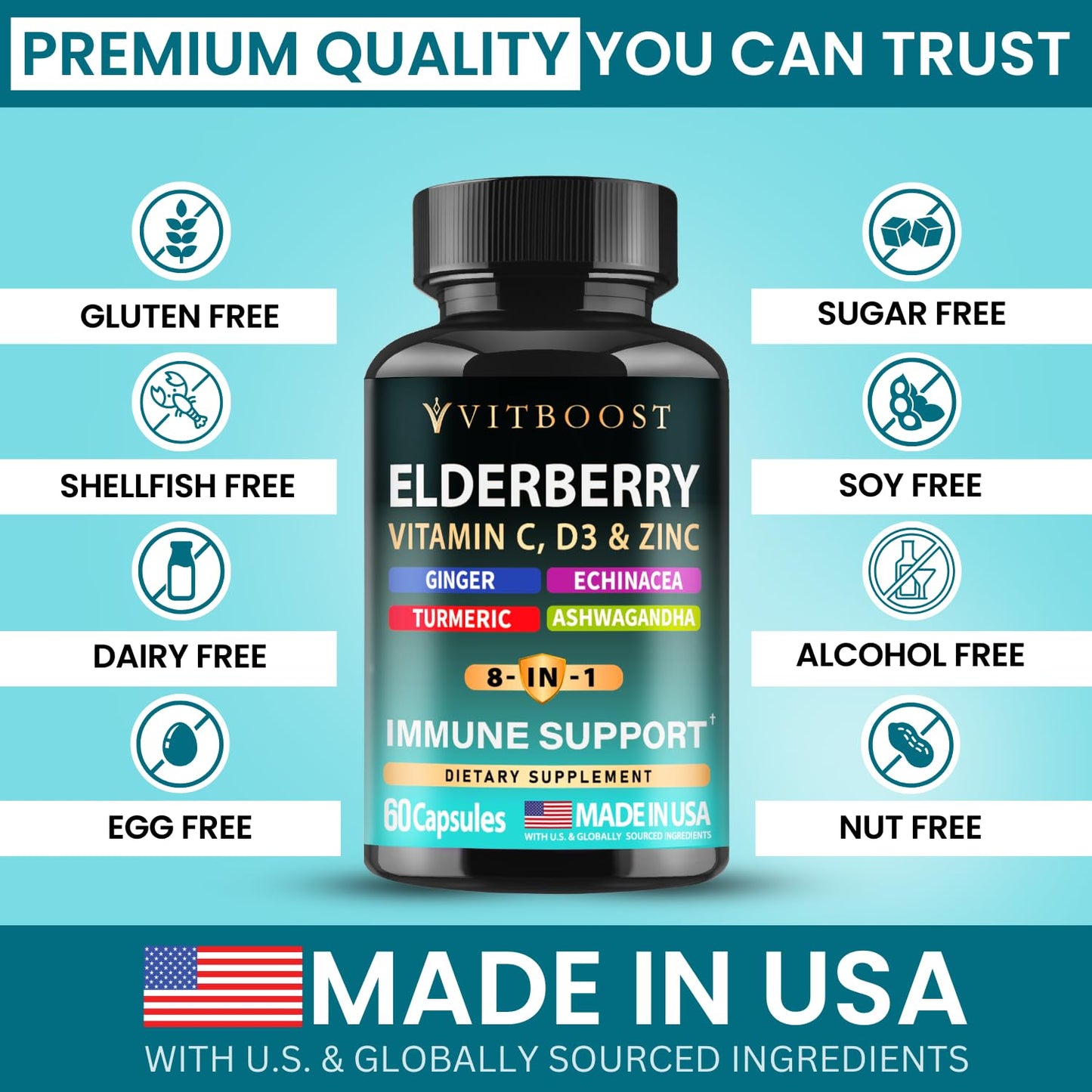Elderberry Immune Support Supplement 8-in-1 Formula with Echinacea, Vitamin C & Zinc, Vitamin D 5000 IU, Turmeric, Ginger, Ashwagandha – 60 Capsules - Maple Wellness Supplements