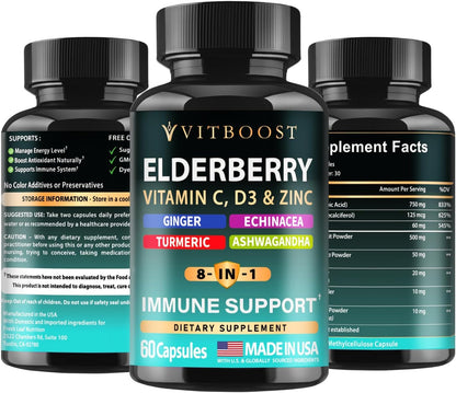 Elderberry Immune Support Supplement 8-in-1 Formula with Echinacea, Vitamin C & Zinc, Vitamin D 5000 IU, Turmeric, Ginger, Ashwagandha – 60 Capsules - Maple Wellness Supplements