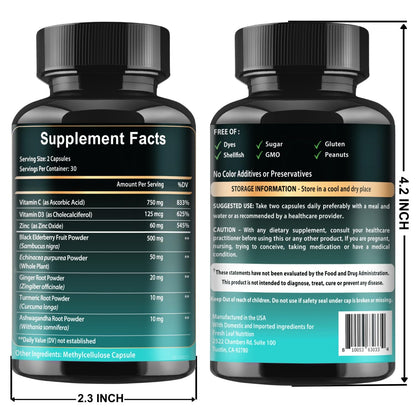 Elderberry Immune Support Supplement 8-in-1 Formula with Echinacea, Vitamin C & Zinc, Vitamin D 5000 IU, Turmeric, Ginger, Ashwagandha – 60 Capsules - Maple Wellness Supplements