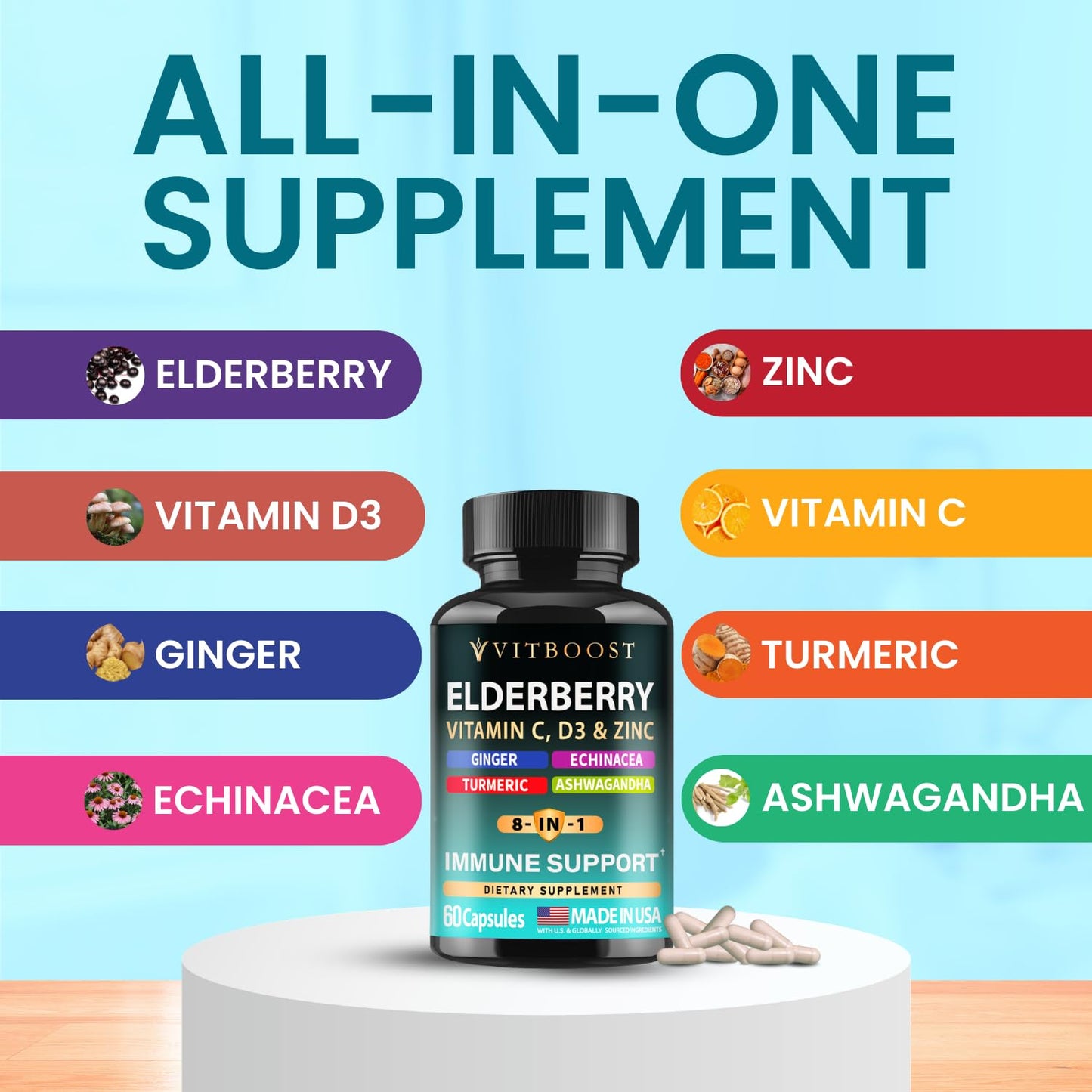 Elderberry Immune Support Supplement 8-in-1 Formula with Echinacea, Vitamin C & Zinc, Vitamin D 5000 IU, Turmeric, Ginger, Ashwagandha – 60 Capsules - Maple Wellness Supplements