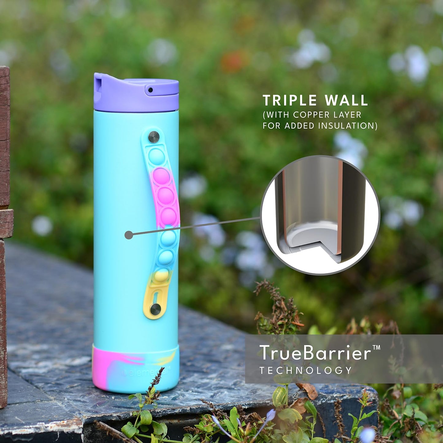 Elemental Iconic Water Bottle for School - 100% Leak-Proof Insulated Water Bottles with Straw Lid & Pop-It Handle - Triple-Wall Insulated & BPA-Free, 20oz – Blue Tie Dye - Maple Wellness Supplements