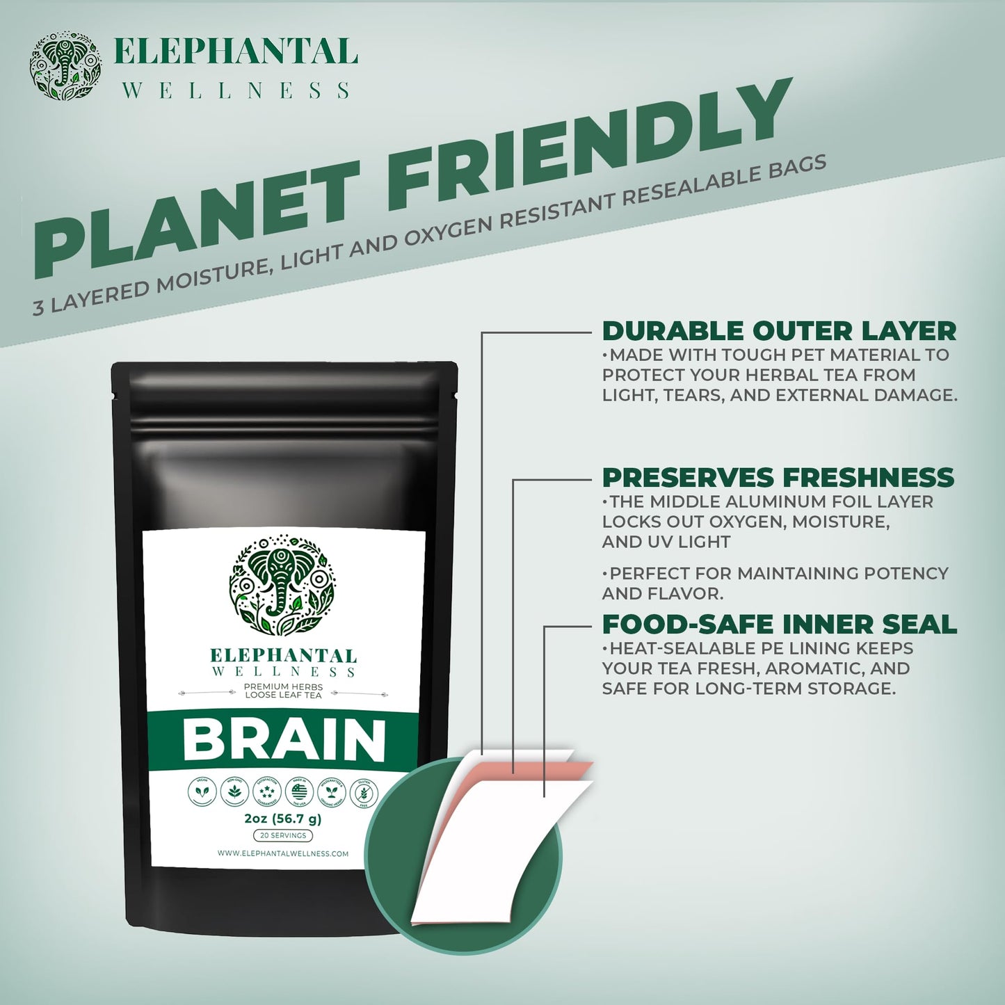 Elephantal Wellness Premium Brain Herbal Tea | Nootropic Focus & Mental Clarity with Ginkgo, Bacopa, Gotu Kola & Rosemary | Non-GMO, Caffeine-Free Coffee Alternative, Handmade Loose Leaf Blend, 2oz Loose Leaf, 20 Servings - Maple Wellness Supplements