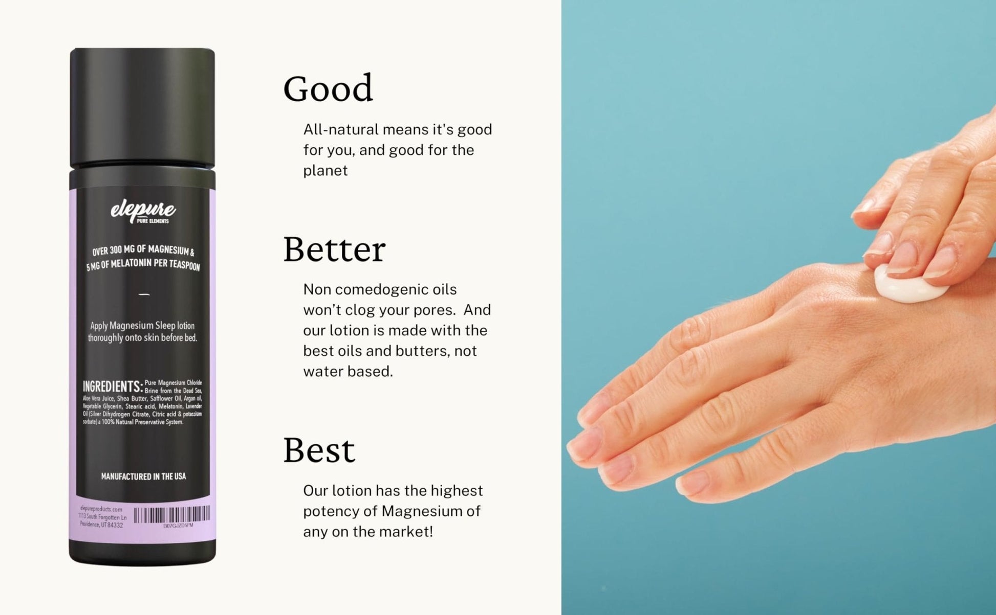Elepure Pure Elements Magnesium Sleep Lotion with Lavender and Melatonin - Topical Application Night Cream- High Potency - Organic Materials - Large Size - Great Value - 8 fl. oz - Maple Wellness Supplements