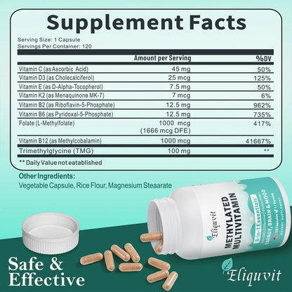 Eliquvit Methylated Multivitamin for Men & Women - Methylated B Complex with Methylfolate & B12-9-in-1 MTHFR Support + TMG - Vegan Multivitamin - Maple Wellness Supplements