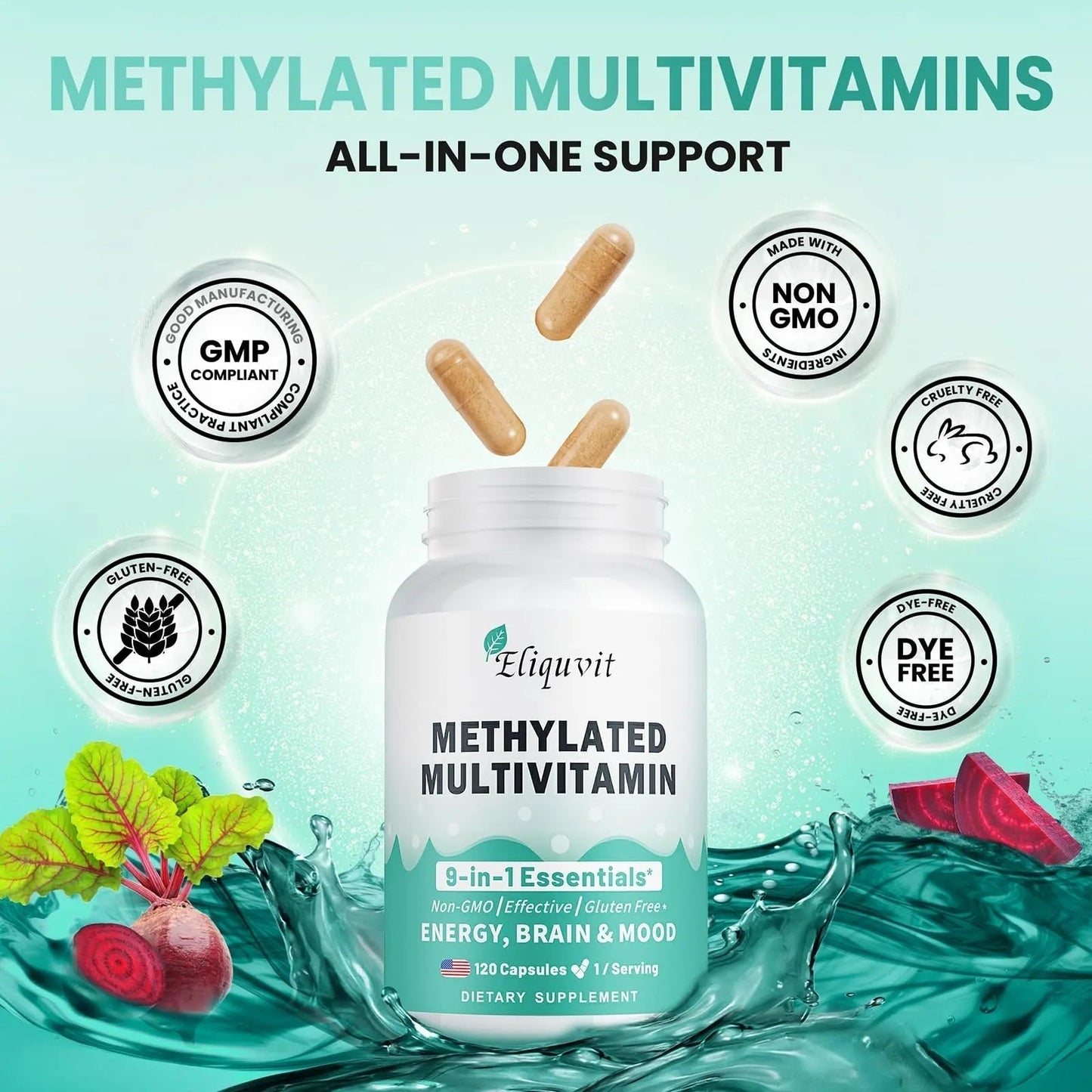 Eliquvit Methylated Multivitamin for Men & Women - Methylated B Complex with Methylfolate & B12-9-in-1 MTHFR Support + TMG - Vegan Multivitamin - Maple Wellness Supplements
