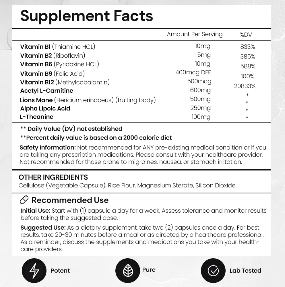 Elite Brain - Nootropic Supplement for Focus, Memory & Mental Clarity – Caffeine-Free Natural Energy with Lion’s Mane, L-Theanine & Vitamin B Complex (60 Capsules) - Maple Wellness Supplements