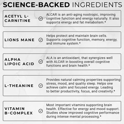 Elite Brain - Nootropic Supplement for Focus, Memory & Mental Clarity – Caffeine-Free Natural Energy with Lion’s Mane, L-Theanine & Vitamin B Complex (60 Capsules) - Maple Wellness Supplements