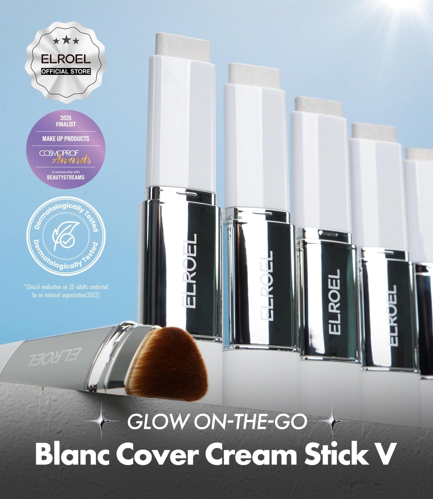 ELROEL Blanc Cover Cream Stick V White - Korean Color-Changing Foundation Stick with Volufiline - Medium to Full Coverage Dewy Finish Base Makeup - Dual-Ended with Detachable Brush (202 Natural) - Maple Wellness Supplements
