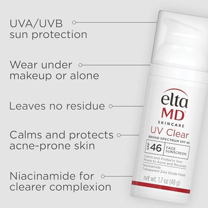 EltaMD UV Clear Face Sunscreen SPF 46, Oil Free for Face with Zinc Oxide, Dermatologist Recommended Sunscreen Lotion - Maple Wellness Supplements