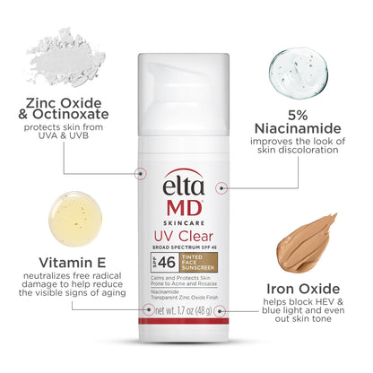EltaMD UV Clear Tinted Sunscreen for Face, SPF 46 with Zinc Oxide, Oil-Free, Dermatologist Recommended, For Acne-Prone Sensitive Skin, 1.7 oz - Maple Wellness Supplements
