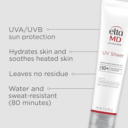 EltaMD UV Sheer Face and Body Sunscreen SPF 50+, Oil Free, No White Cast Sunscreen for Face and Body, Zinc Oxide Formula, 3.0 oz Tube - Maple Wellness Supplements