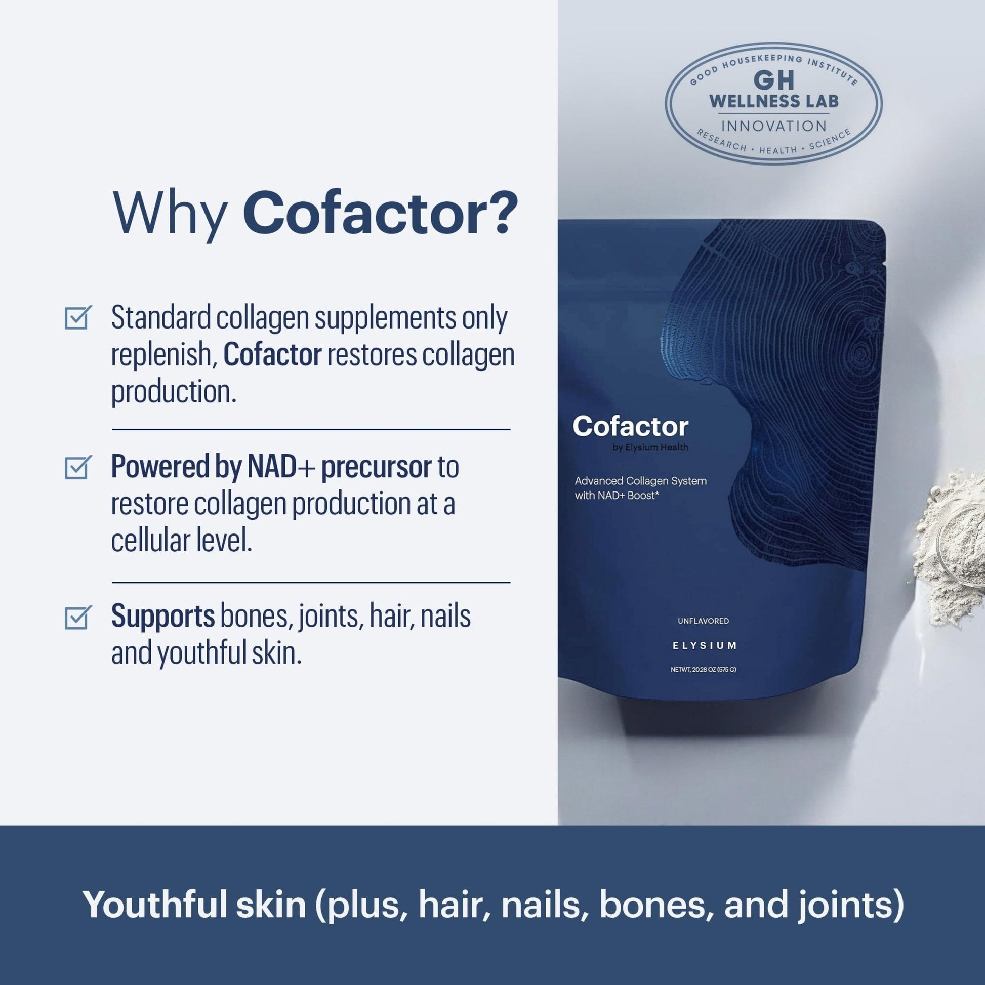 ELYSIUM Cofactor – 4-in-1 Collagen Peptides Powder w/NAD+, Hyaluronic Acid & Vitamin C for Skin, Hair, Nails, Joints & Cellular Health, Collagen Supplements for Men & Women – Unflavored, 28 Servings - Maple Wellness Supplements