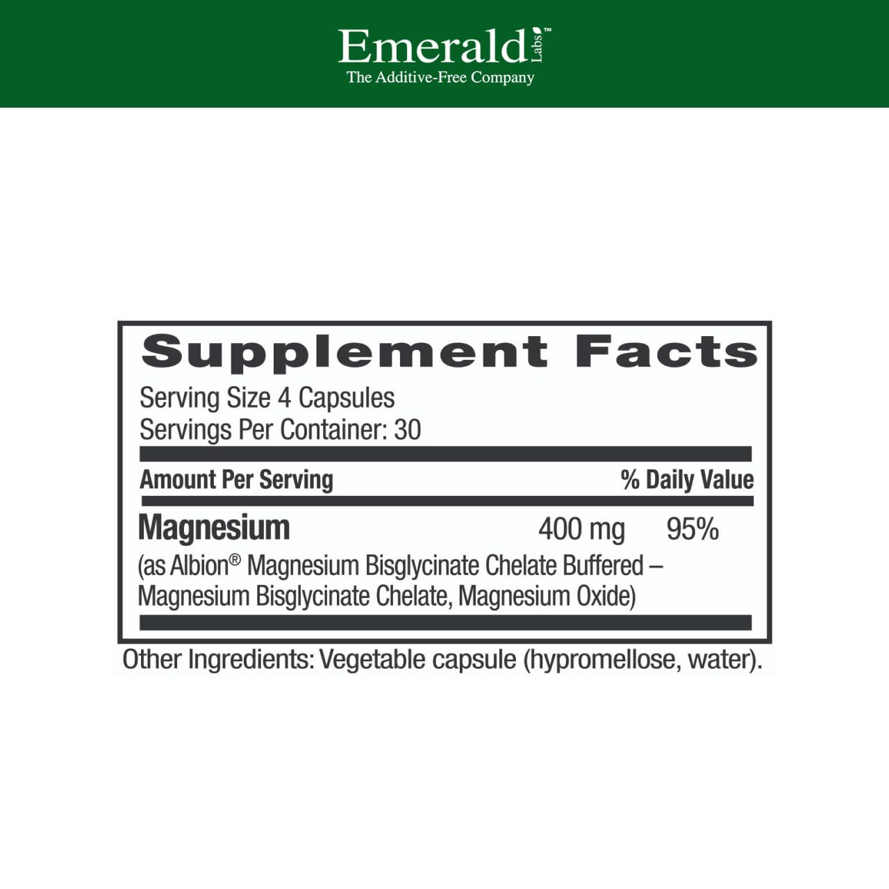 Emerald Labs Magnesium 400mg - Bone & Sleep Support with Albion Magnesium* - Vegan Friendly - 120 Vegetable Capsules (30-Day Supply) - Maple Wellness Supplements