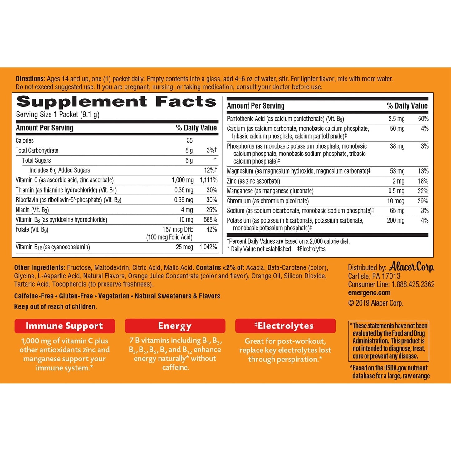 Emergen-C 1000mg Vitamin C Powder for Daily Immune Support Caffeine Free Vitamin C Supplements with Zinc and Manganese - Maple Wellness Supplements