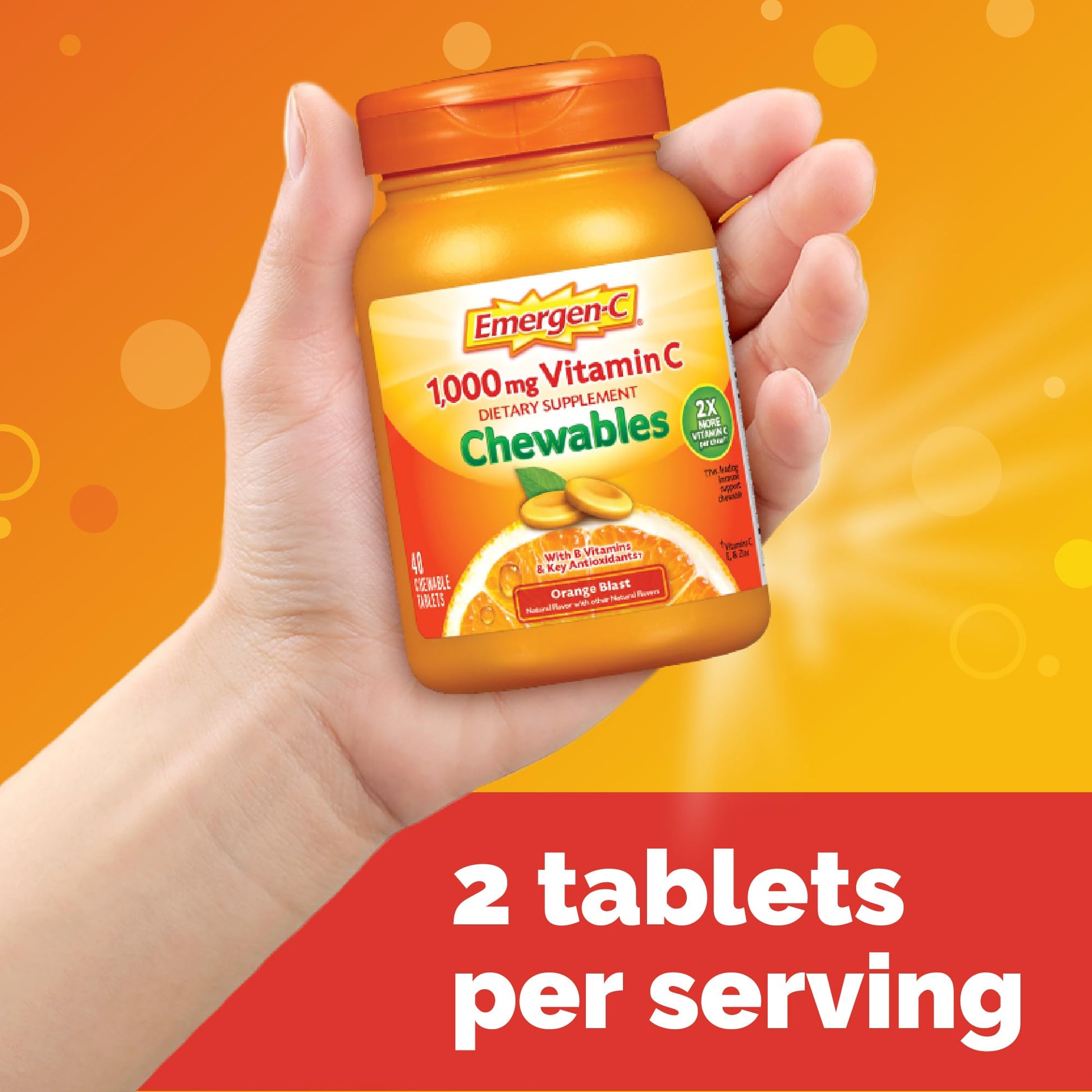 Emergen-C Chewable Vitamin C 1000mg, With B Vitamins And Antioxidants Tablet (40 Count, Orange Blast Flavor), Dietary Supplement - Maple Wellness Supplements