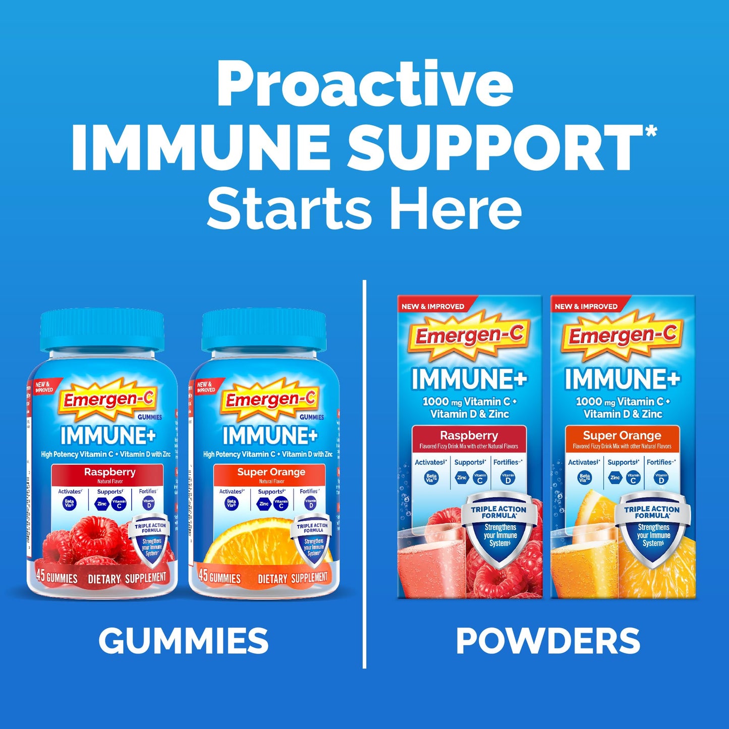 Emergen-C Immune+ Triple Action Immune Support Powder, BetaVia (R), 1000mg Vitamin C, B Vitamins, Vitamin D and Antioxidants - Maple Wellness Supplements