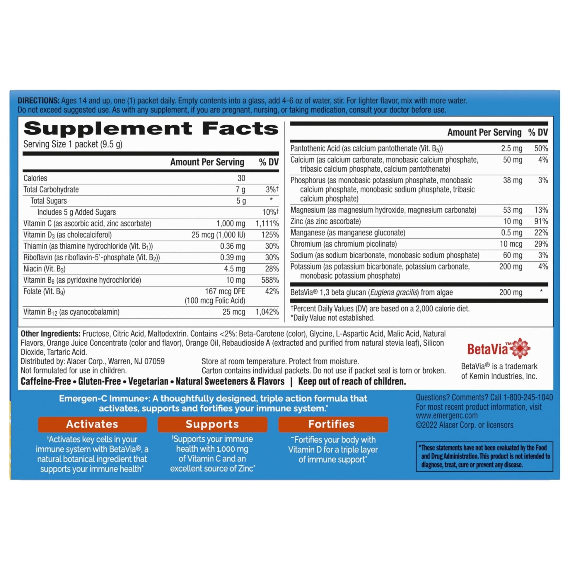 Emergen-C Immune+ Triple Action Immune Support Powder, BetaVia (R), 1000mg Vitamin C, B Vitamins, Vitamin D and Antioxidants - Maple Wellness Supplements