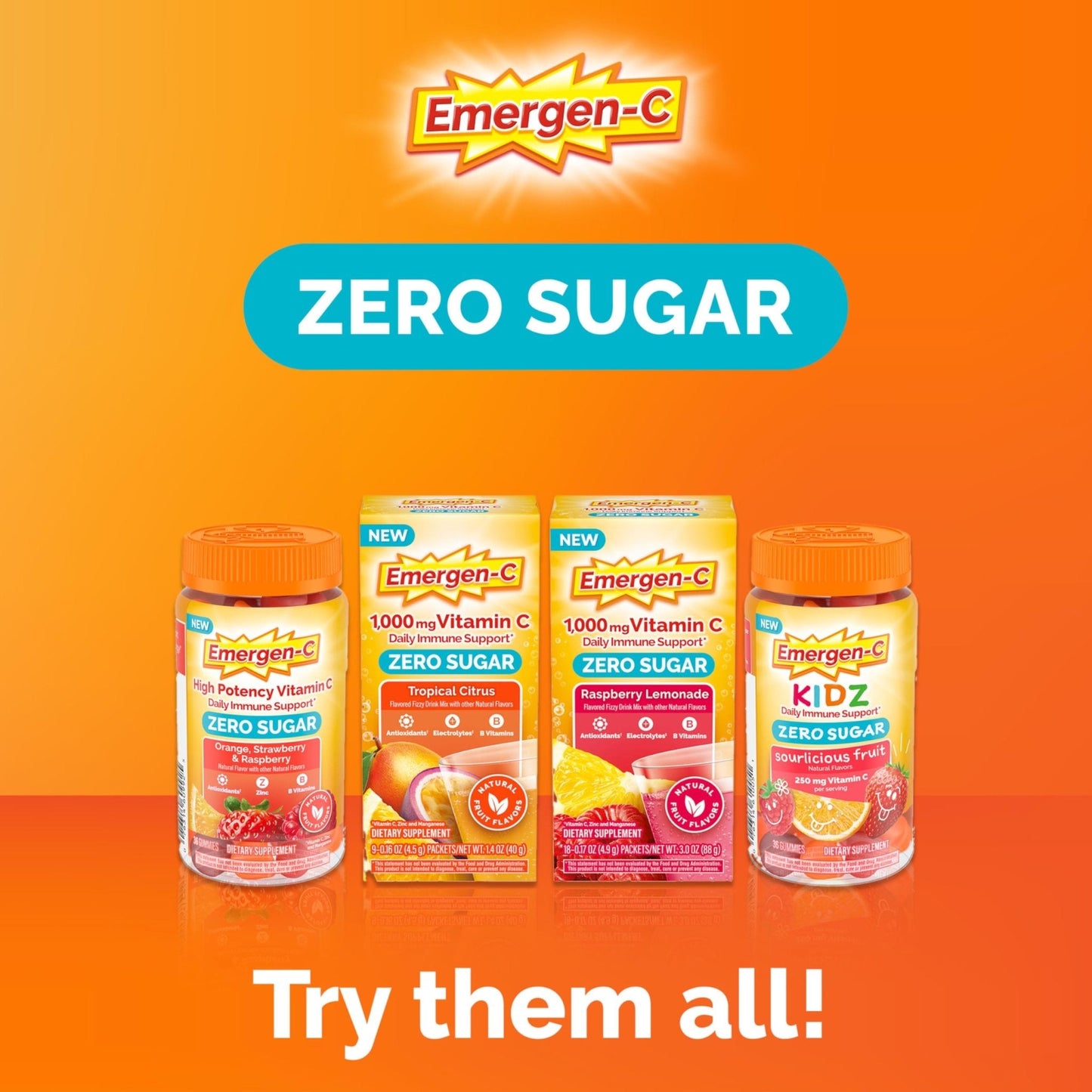 Emergen-C Zero Sugar 1000 mg Vitamin C Powder for Daily Immune Support Caffeine Free Vitamin C Supplements with Zinc and Manganese, B Vitamins and Electrolytes - Maple Wellness Supplements