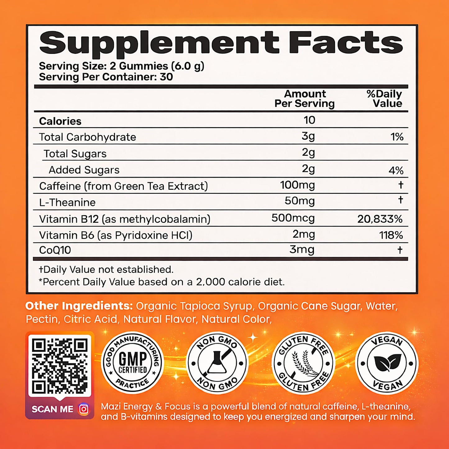 Energy & Focus Gummies | 100mg Natural Caffeine + L-Theanine + Vitamin B6 & B12 + CoQ10 | Nootropic Cognitive Brain Performance Supplement | No Crash or Jitters - Maple Wellness Supplements