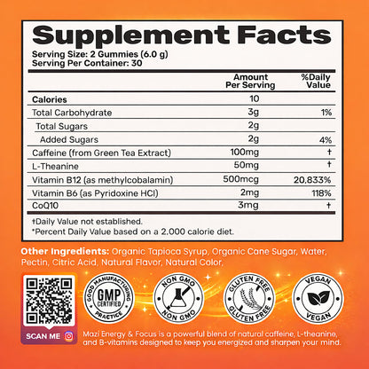 Energy & Focus Gummies | 100mg Natural Caffeine + L-Theanine + Vitamin B6 & B12 + CoQ10 | Nootropic Cognitive Brain Performance Supplement | No Crash or Jitters - Maple Wellness Supplements