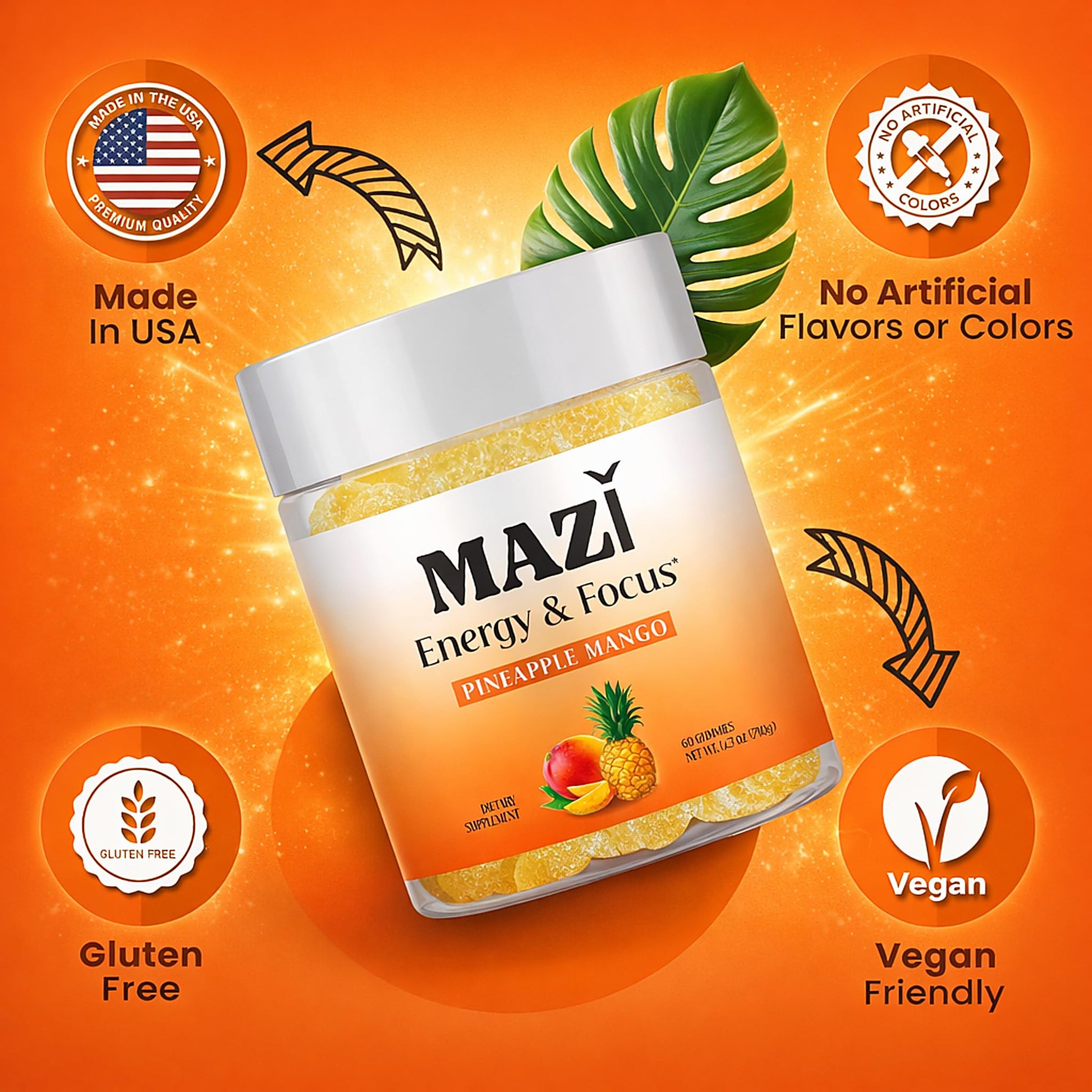 Energy & Focus Gummies | 100mg Natural Caffeine + L-Theanine + Vitamin B6 & B12 + CoQ10 | Nootropic Cognitive Brain Performance Supplement | No Crash or Jitters - Maple Wellness Supplements